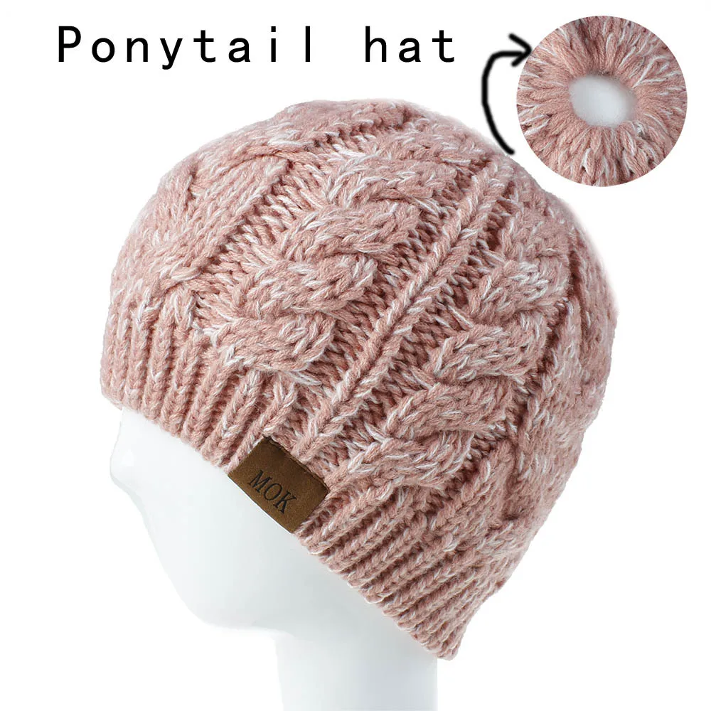 Зима женский хвостик грязная шапка Beanie Шапка мягкая вязаная теплая Осенняя уличная Спортивная повседневная шапка куполообразная вязаный головной убор