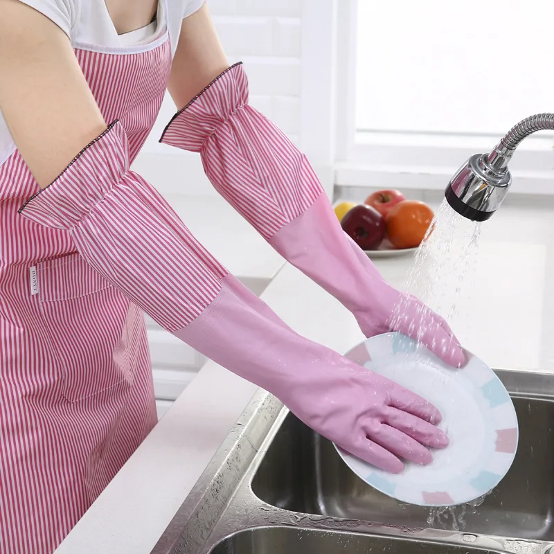 

Warm household gloves with flannel and cuffs kitchen cleaning gloves washing rubber gloves dishwashing gloves kitchen gloves