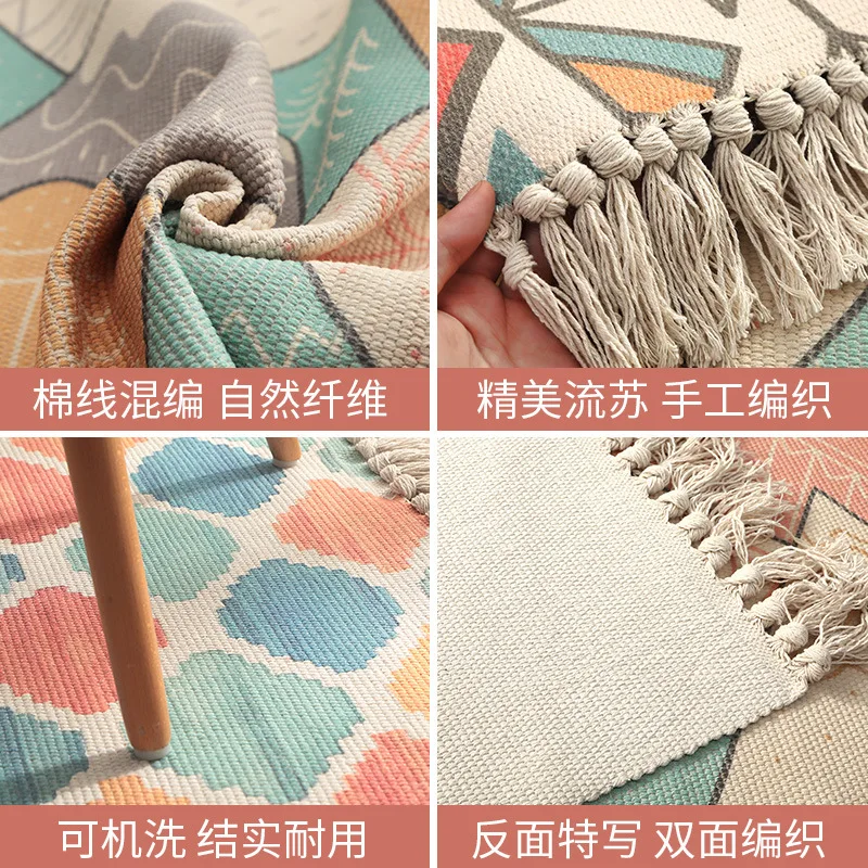 

Simple 100% Cotton Hand Woven Tassel Cotton Floor Mat Long Family Bedroom Non Slip Bedside Carpet Mat Prayer Blanket HomeTextile