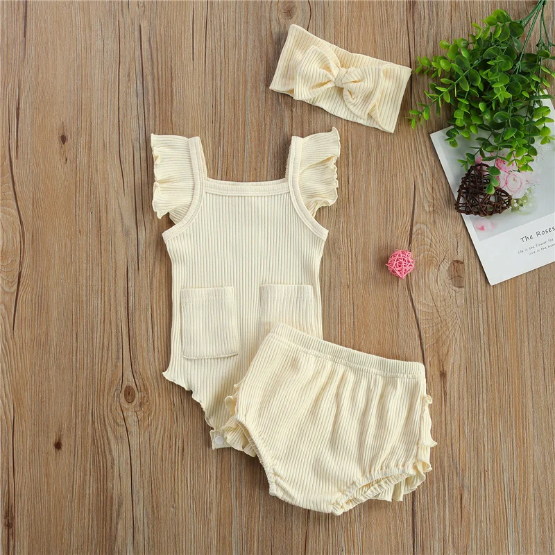 

Комплект хлопковой одежды для девочек от 0 до 18 месяцев, Летние Повседневные Дышащие крутые комбинезоны с квадратным вырезом, шорты и головн...