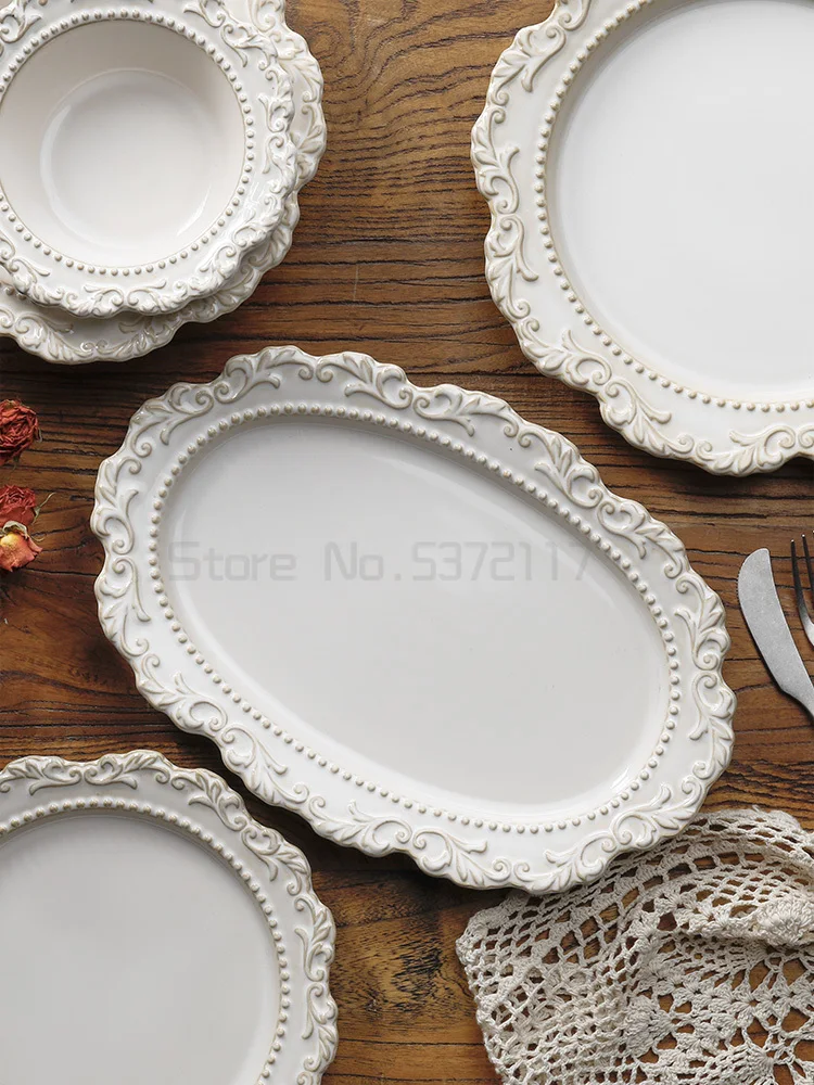 

French Baroque tableware antique kiln glaze ceramic flat plate European style court style western food plate