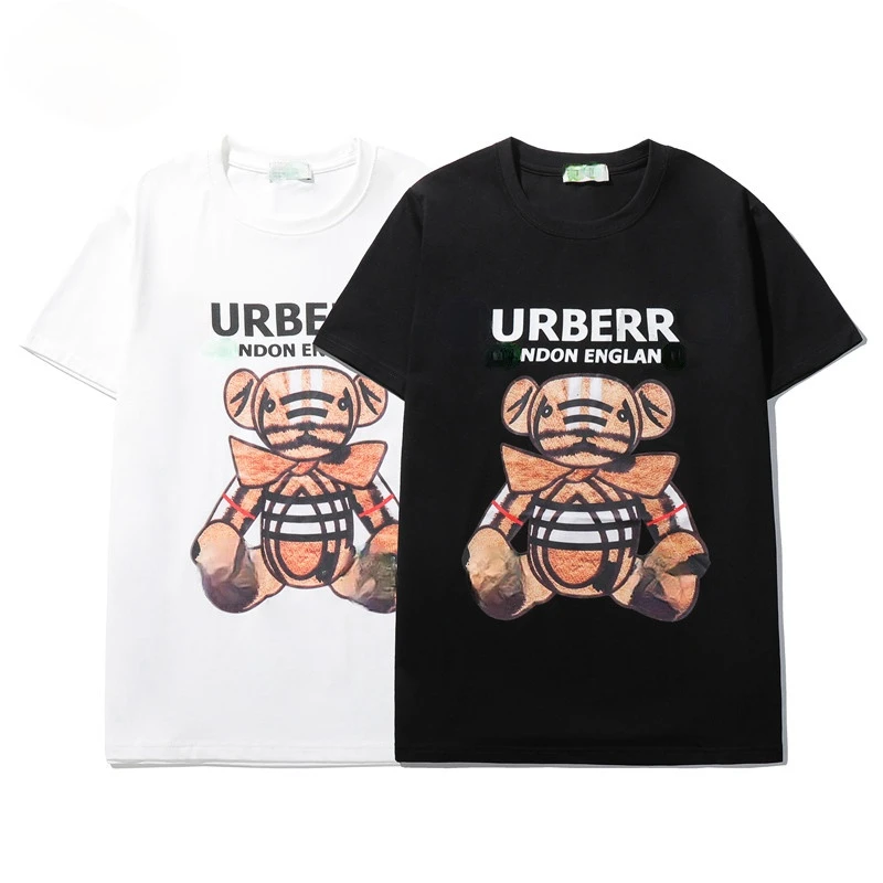 

2021 Fashion New Style High Street Wind Comfortable T-shirt Leisure Mercerized Cotton Cool Black and White Little Bear Figure
