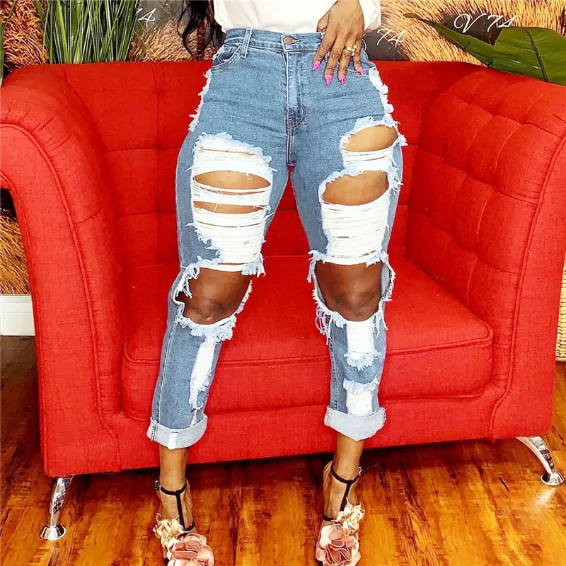 

Big Ripped Jeans Pants Fashion Hole Slim High Waist Straight Pants Sexy Loose Button Frayed Dark Blue Ladies Trousers For Female