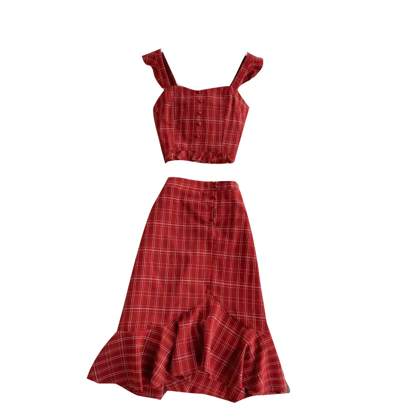

Holiday Beach Style Women Skirts Sets Solid Plaid Camis And High Waist Empire Mermaid Knee-Length Female Clothing Suits