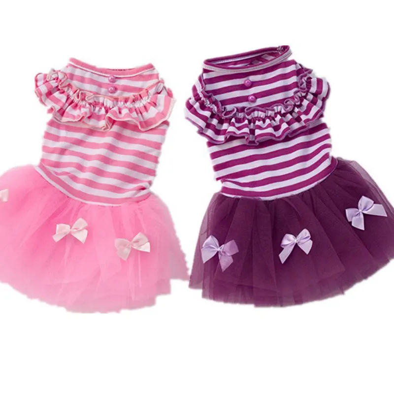

Stripe Bow Knot Striped Dog Dress Summer Pink Flower Pet Clothes Skirt For Small Chihuahua Cat Tulle Dog Clothing