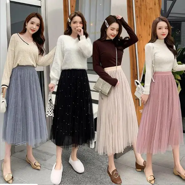 Женская фатиновая юбка с высокой талией летняя плиссированная черного и