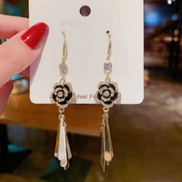 new japan and south korea fashion tassel long ear hooks women dripping oil full zircon earrings camellia earrings wholesale