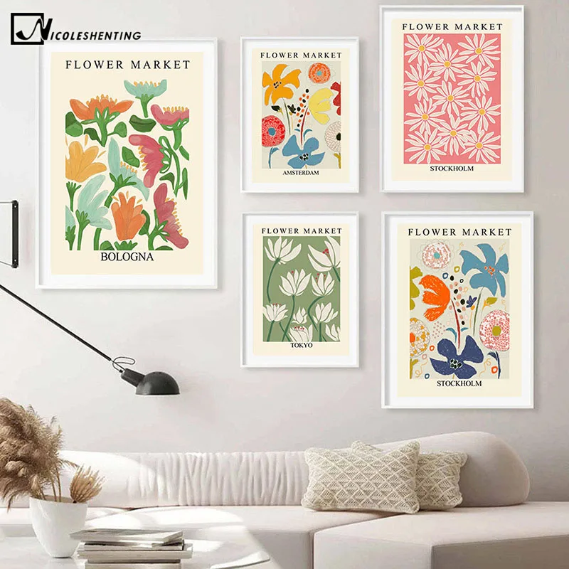 

Flower Market Colorful Retro Canvas Painting Abstract Art Poster Nordic Print Indie Pop Wall Picture for Living Room Decoration