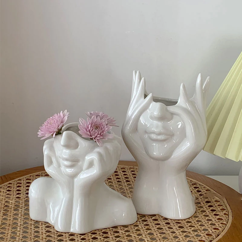 

Ceramic Vase Art Face White Flowerpot Statues Nordic Home Accessories Living Room Center Table Decoration Office Christmas Gifts