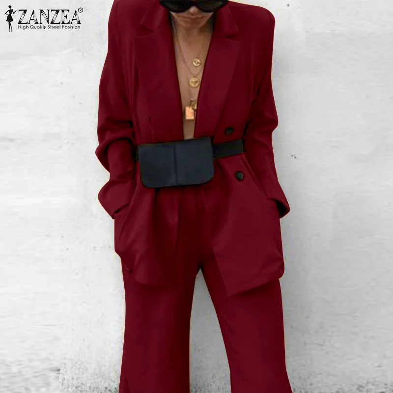 

Oversize ZANZEA Fashion Women's Pant Suits 2021 Spring Autumn Long Sleeve Blazer High Waist Wide Leg Pant Office Lady Streetwear