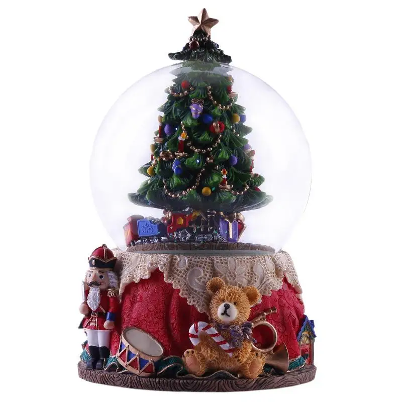 Resin Music Box Crystal Ball Snow Globe Glass Lights Gift With Speaker Spinning Christmas Tree Crafts Desktop Decoration