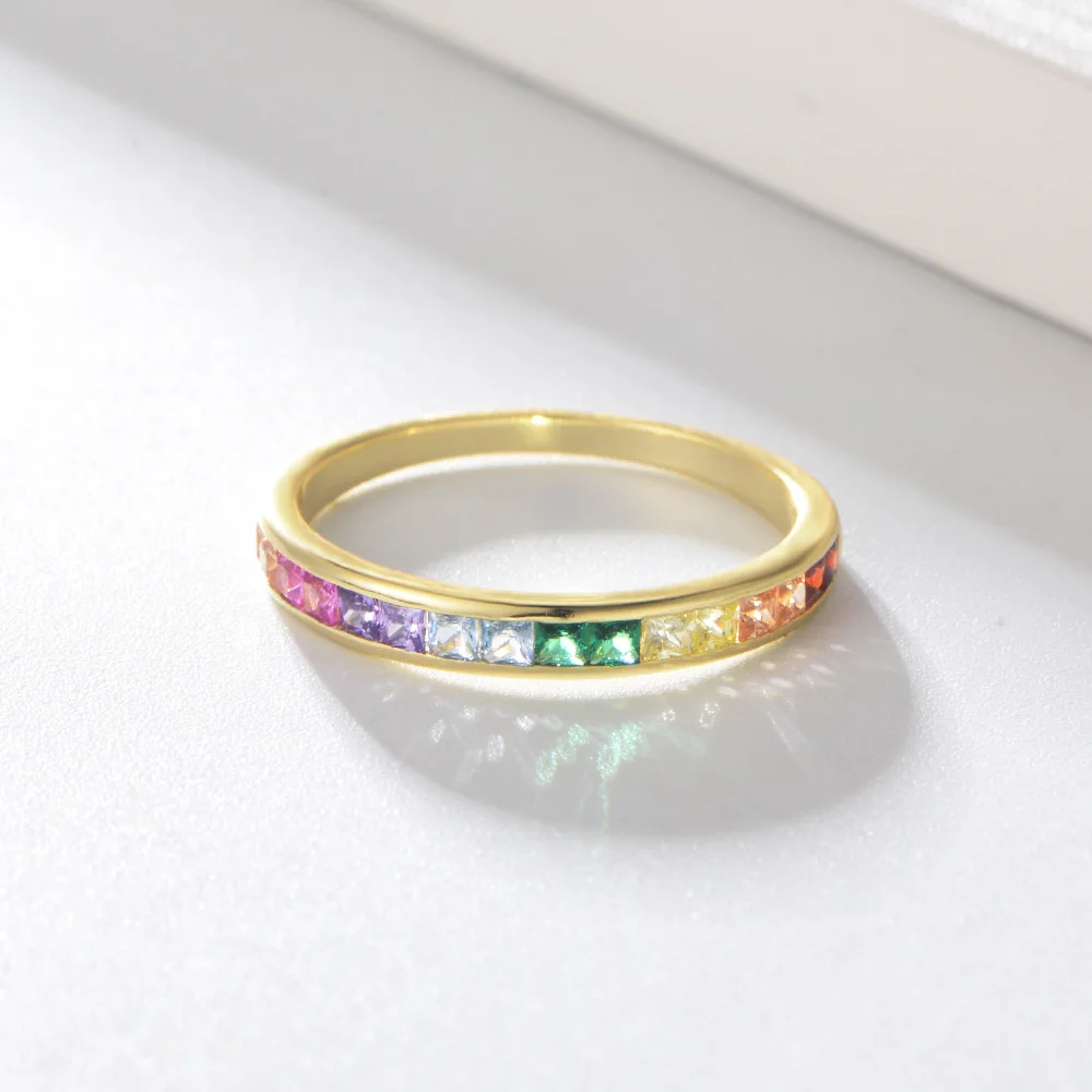 

Authentic S925 Sterling Silver Square Rainbow Shiny AAA Zircon Ring Fashion Elegant Rings for Women Wedding Fine Jewelry Gifts