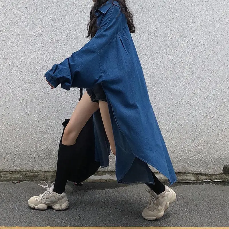 

2021 New Spring And Autumn New Slouchy Loose Bat Sleeve Casual Medium Length Denim Windbreaker For Women