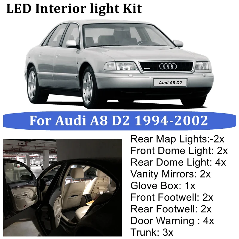

22x Error Free Canbus LED Interior Light Kit For Audi A8 S8 D2 4D LED Interior Map Dome Trunk Light Kit (1994-2002)