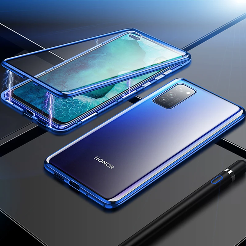 

Dual Glass Case For Huawei Honor V30 View 30 Pro Case Armor Metal Magnetic Tempered Glass Case For huawei Honor V30 V 30 Pro 5G