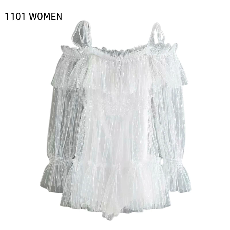 ZA новый весенний женский белый сетчатый короткий комбинезон с открытыми плечами