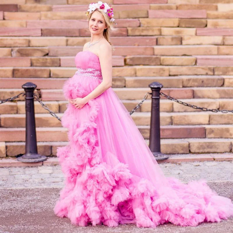 

Pink Maternity Dresses for Photoshoot Crystal Fluffy Luxury Ruffles Pajamas Party Nightgowns Custom Made Pregnacy Gowns Shoot
