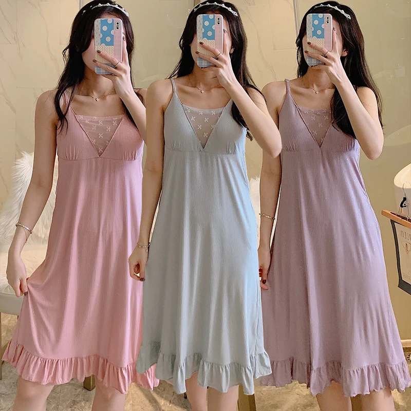 

2021 Summer Silk Satin Sexy Lace Lingerie Spaghetti Strap Nightgowns for Women Sleepwear Nightdress Night Gown Home Dress Nighty
