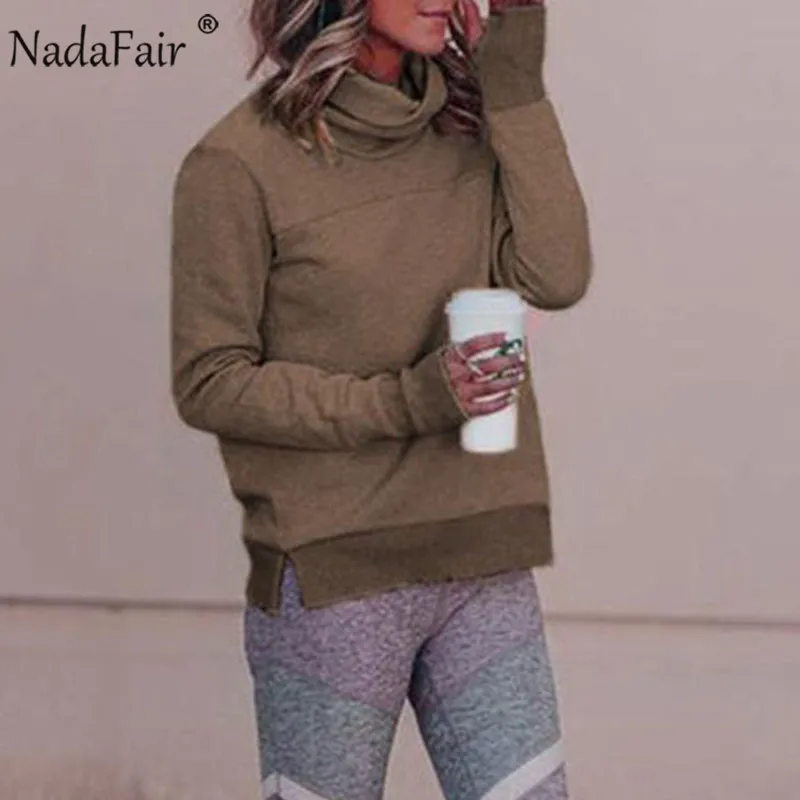 Coffee Nadafair Толстовка для женщин шарф воротник шеи сплошной осень зима Повседневный пуловер Негабаритных Толстовки - Цвет: Coffee
