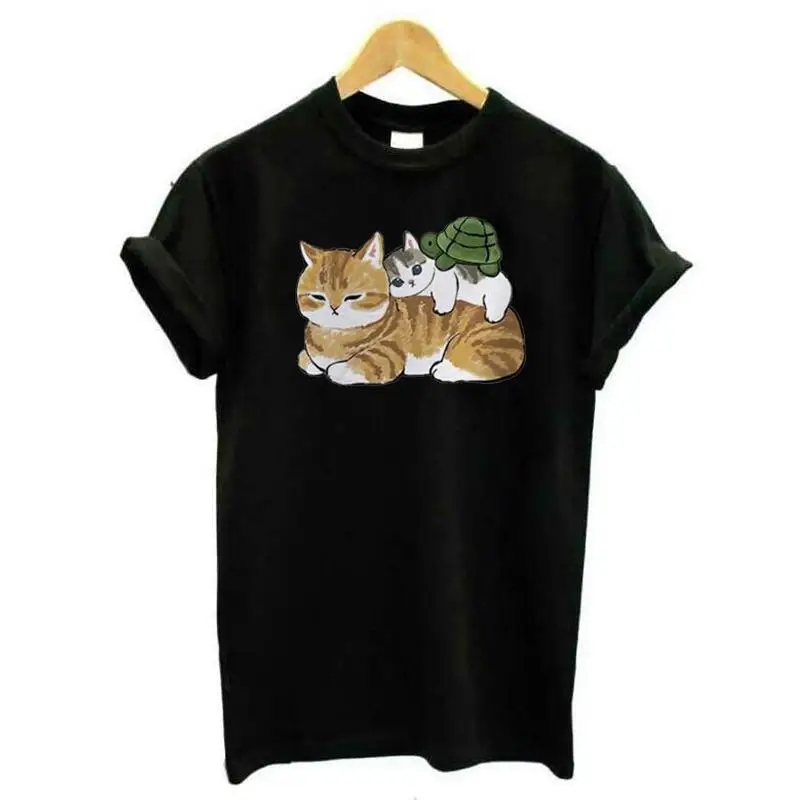

Хлопковая Повседневная футболка в стиле Харадзюку, забавная футболка с милым мультяшным принтом кота, женские топы, летняя футболка с корот...