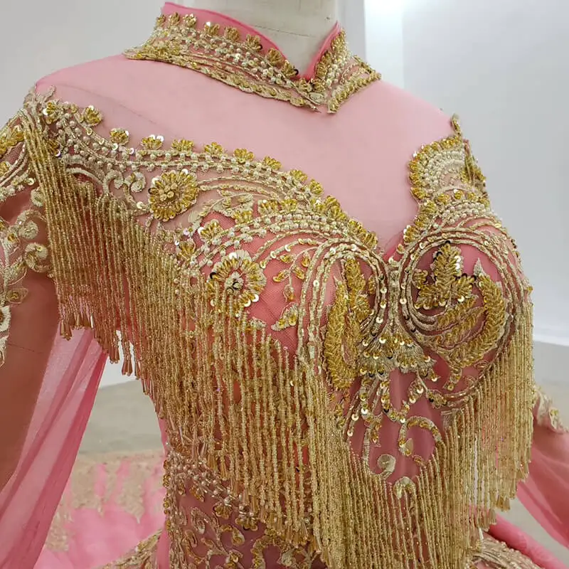 

BGW 2151ht Pink Evening Party Dress Long Sleeves High Neck Full Sleeve Tassel Floor Length Ball Gown Formal Party Dress Vestidos