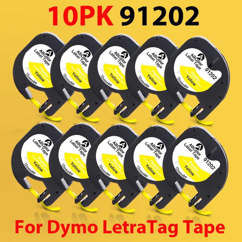 

A ABColor 10PK 91202 Tapes Compatible for Dymo Letratag 91222 91332 LT 91202 Black on Yellow Label Cartridge For Dymo LT-100H