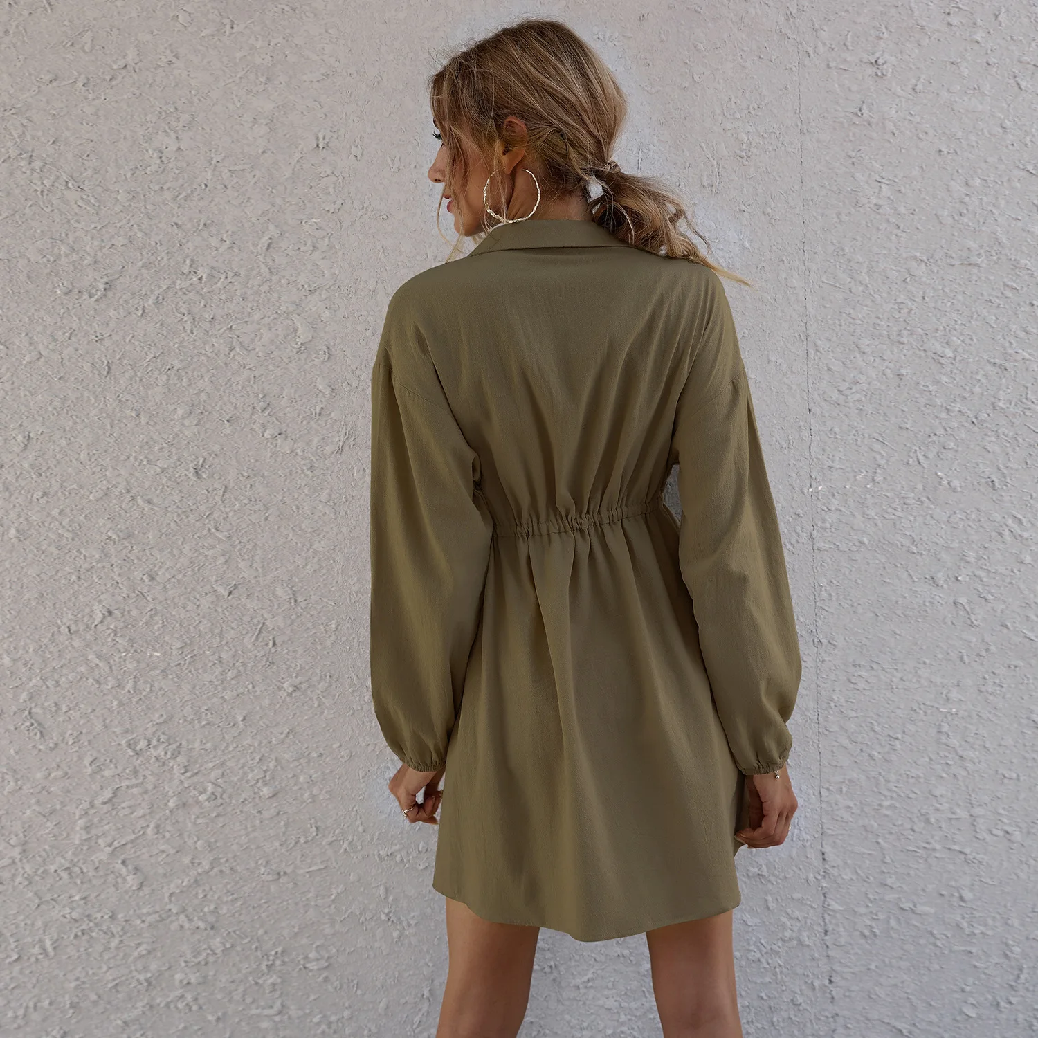 

Autumn Simple Double Pocket Button-down Belt Shirt Dress Women Black Dress