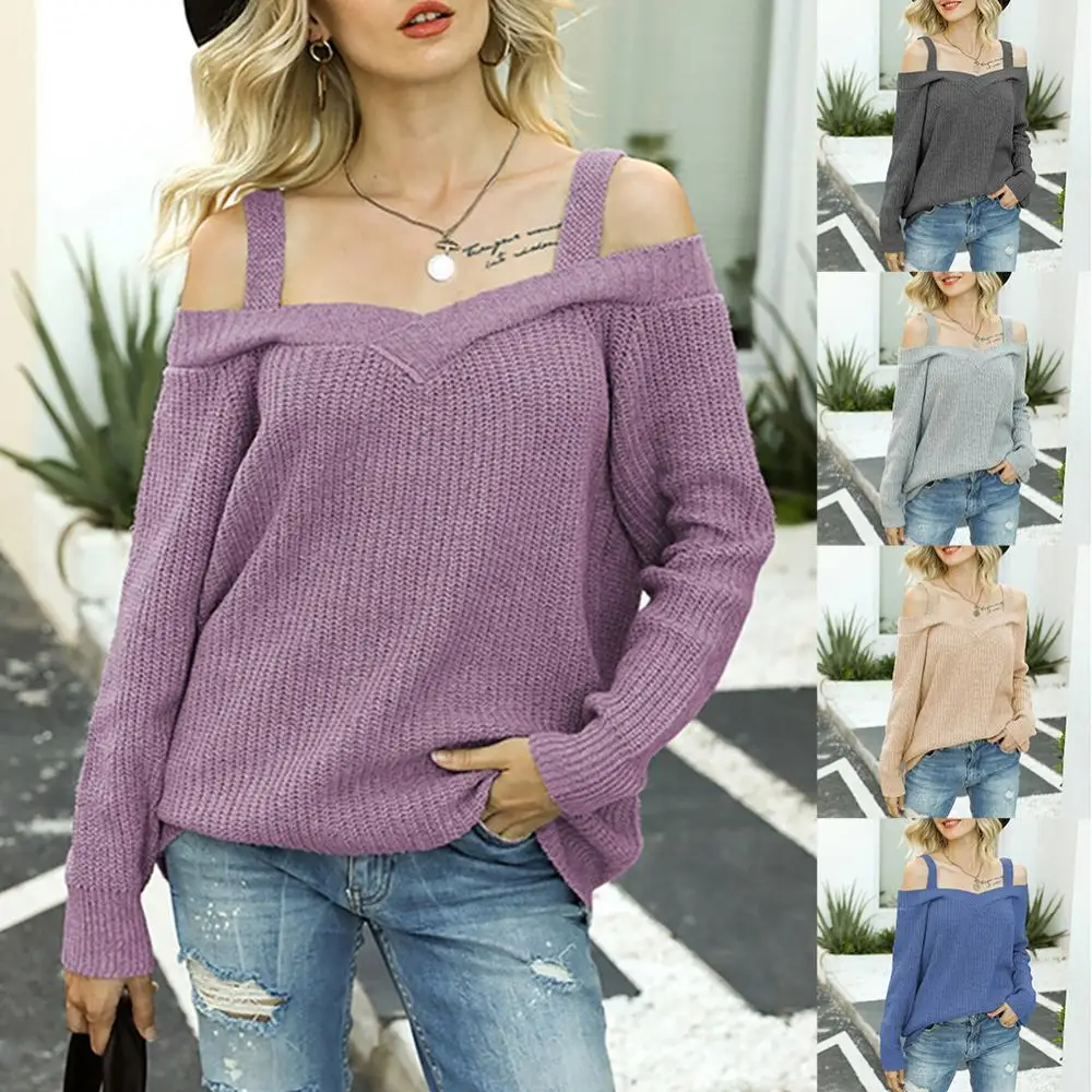 

Ele-Choices Women Off Shoulder Knitted Sweater Solid Color Pullover Autumn Winter Female Top