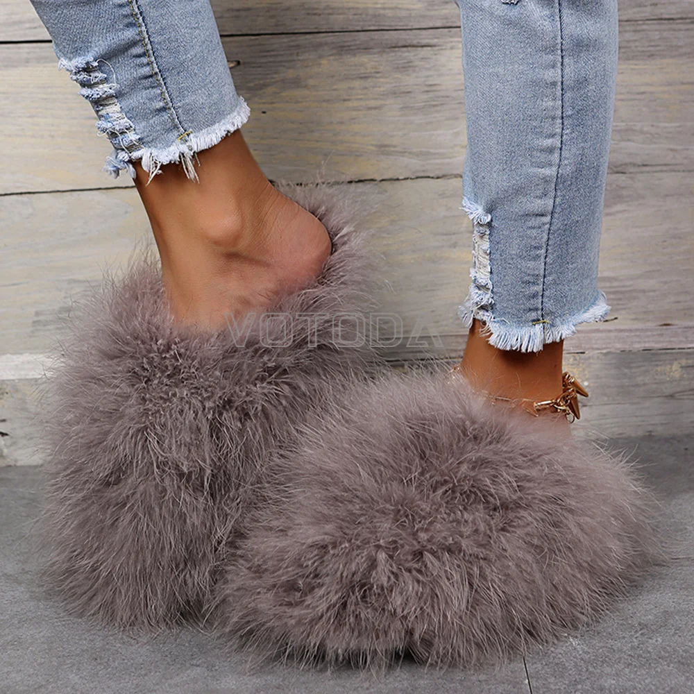 VOTODA Luxury Women Fur Slides Fluffy Feather Slippers Plush Flip Flops Soft Home Warm Winter Slippers Amazing Furry Shoes Woman images - 6