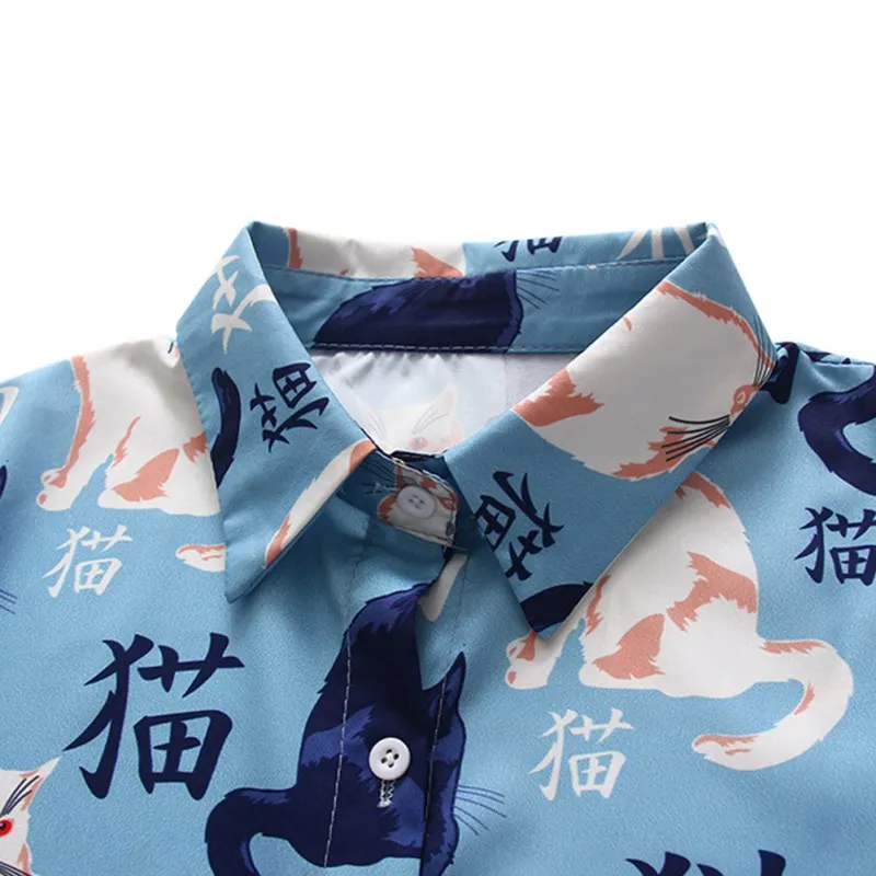 

Vintage Cartoon Cats Printed Long Sleeve Lapel Shirt Women Loose Casual Single-breasted Elegant Blouse
