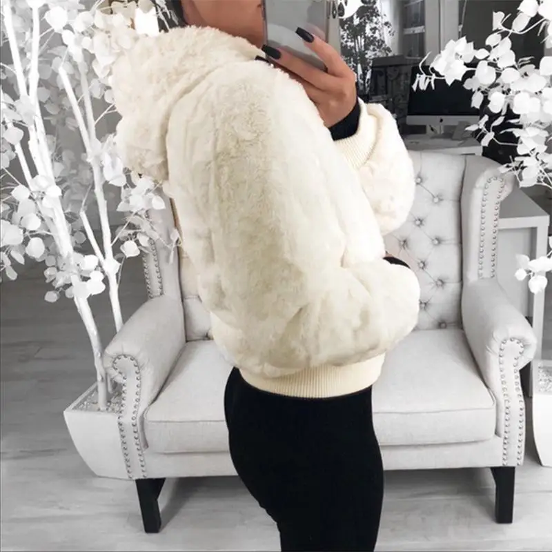 

Womens Warm Outwear Imitation Fur Coat Hooded Plush Bunny Fur Coat Soft Comfortable Autumn Winter