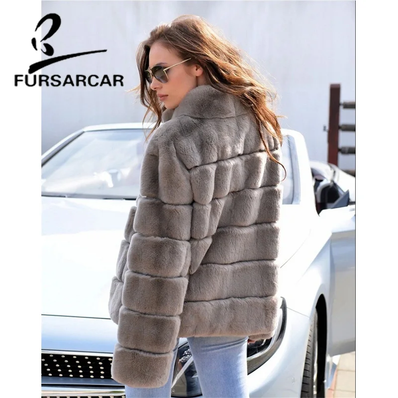 FURSARCAR новые зимние пальто из натурального меха женская модная куртка с мехом кролика рекс с воротником-стойкой толстое теплое пальто из кроличьего меха