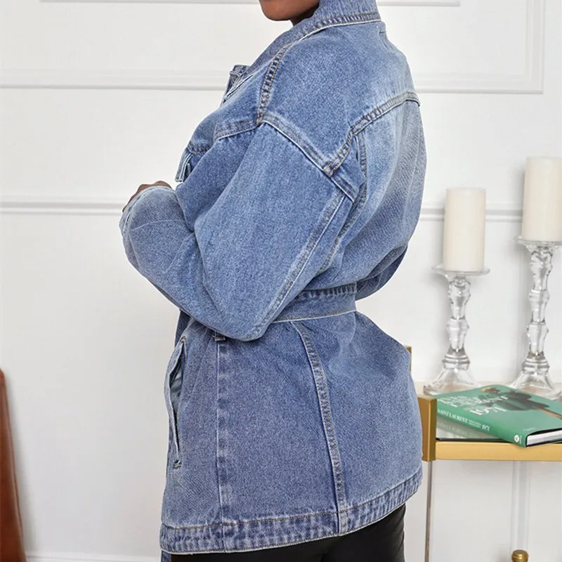 Женская джинсовая куртка с карманами пальто отложным воротником и длинным