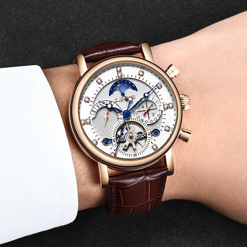 Бренд lige кожаный ремешок мужские механические часы Роскошные Tourbillon светящиеся