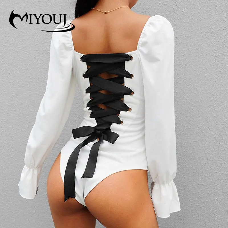 MIYOUJ-Body de moda para mujer, camisa de manga larga con mangas de burbuja, ropa, bodys con tirantes cruzados en la espalda, mono negro