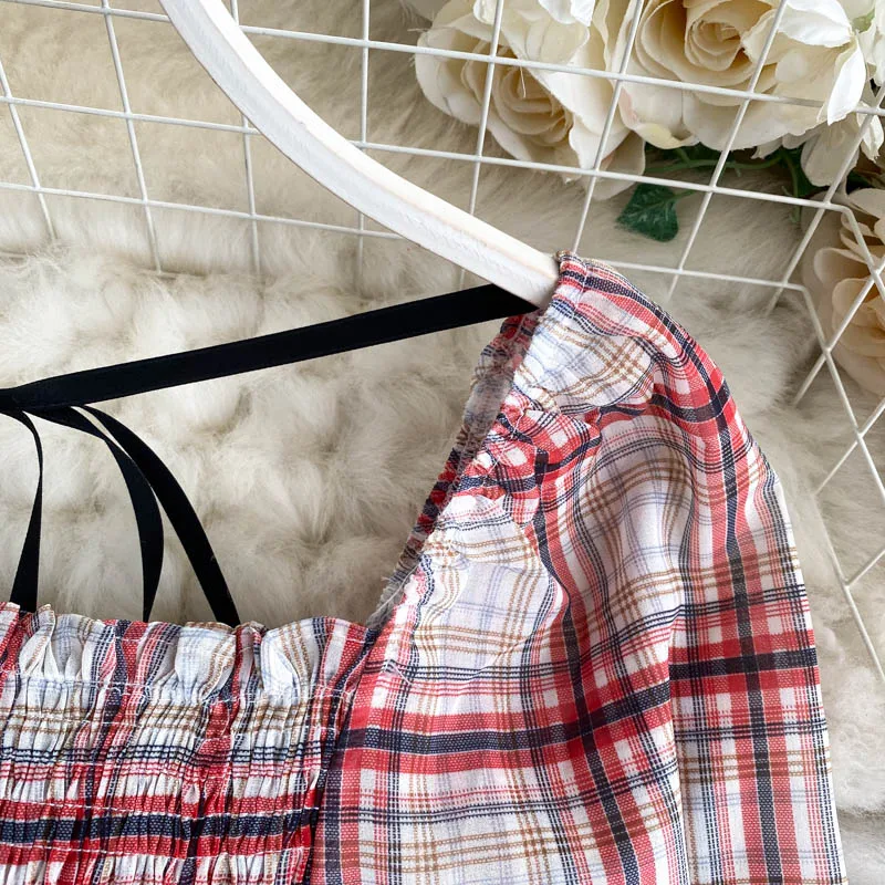 Женские топы с пышными рукавами новинка 2020 Женская клетчатая блузка эластичным