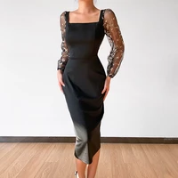 ball black dress for women lace translucent sleeve see through patchwork tunics female elegant prom party formal attire