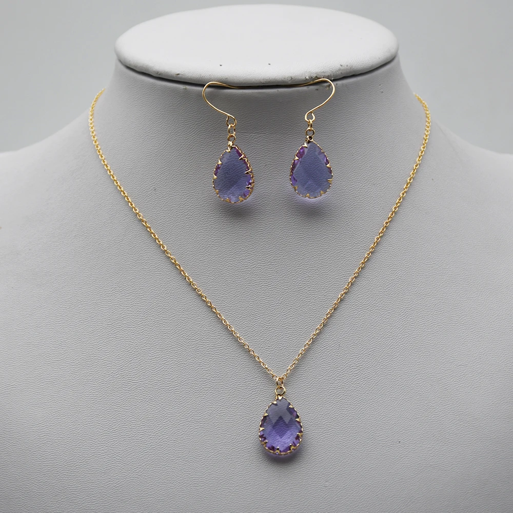 KBJW Original New Arrival Simple Party Fashion Pendant Necklace Earring Set Purple Crystal Teardrop Earrings Necklaces for Women | Украшения