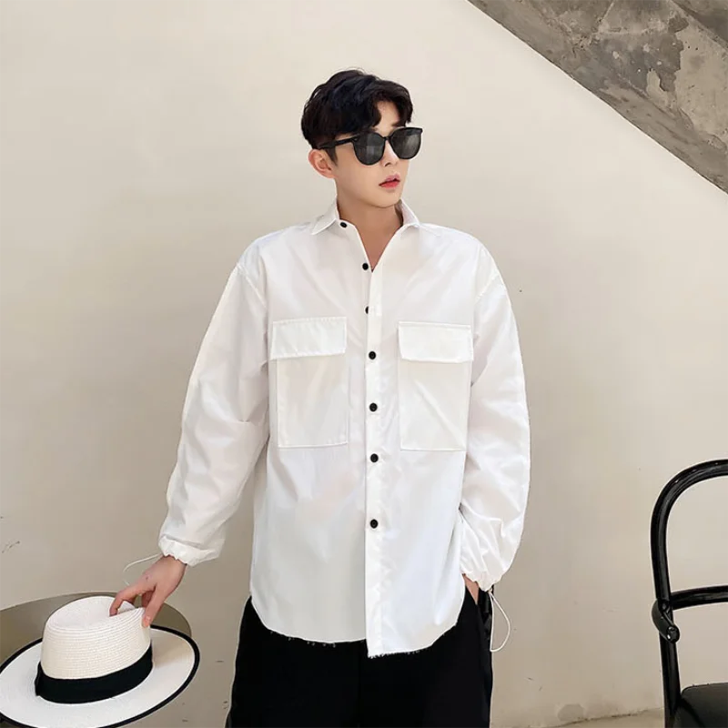 Men's new vintage fashion cuff pull rope casual long-sleeved white shirt hip-hop loose large shirt