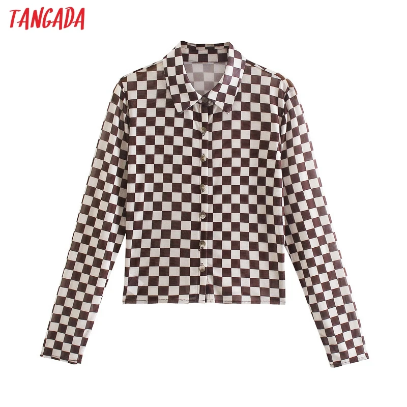 

Кроп-рубашка женская клетчатая в стиле ретро с отложным воротником