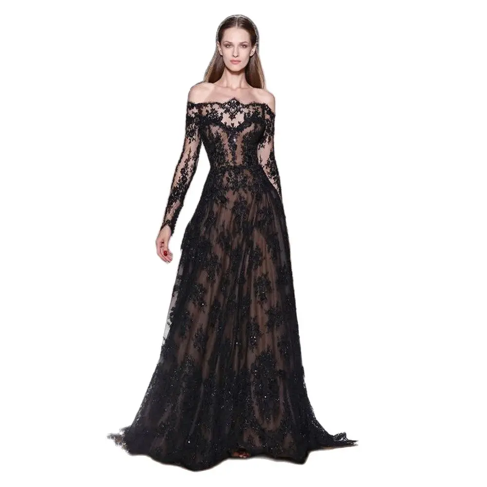 

Hot Selling Unique Zuhair Murad Celebrity Dresses Black A-Line Black Sheer Bodice long Sleeve Beads Evening Dresses Prom Gowns