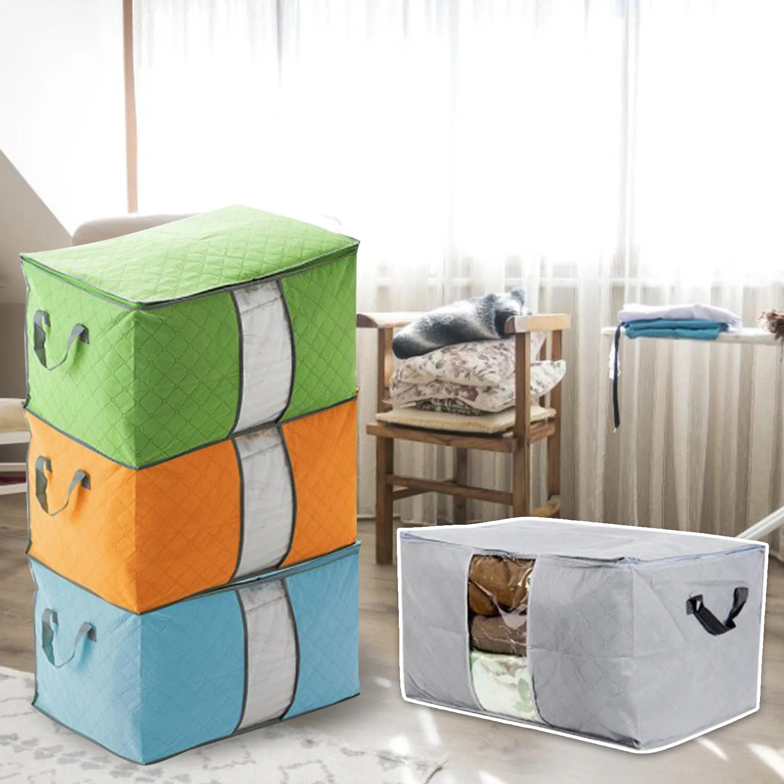 Clothes Storage Bags Foldable Organizer Container With Strengthened Handles And Clear Window Quilt Cloth Bins | Дом и сад