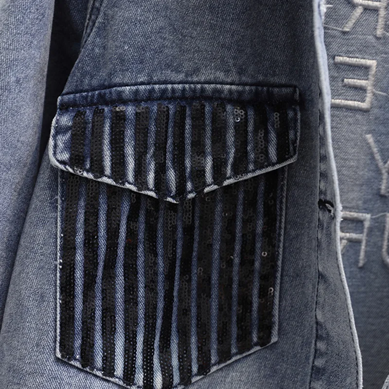 Осень-зима 2021 новинка блестящая джинсовая синяя черная куртка с вышивкой