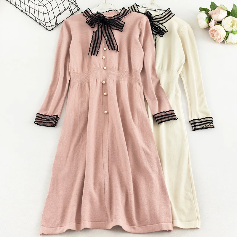 SINGRAIN женское кружевное вязаное платье Романтическое Платье эластичные теплые