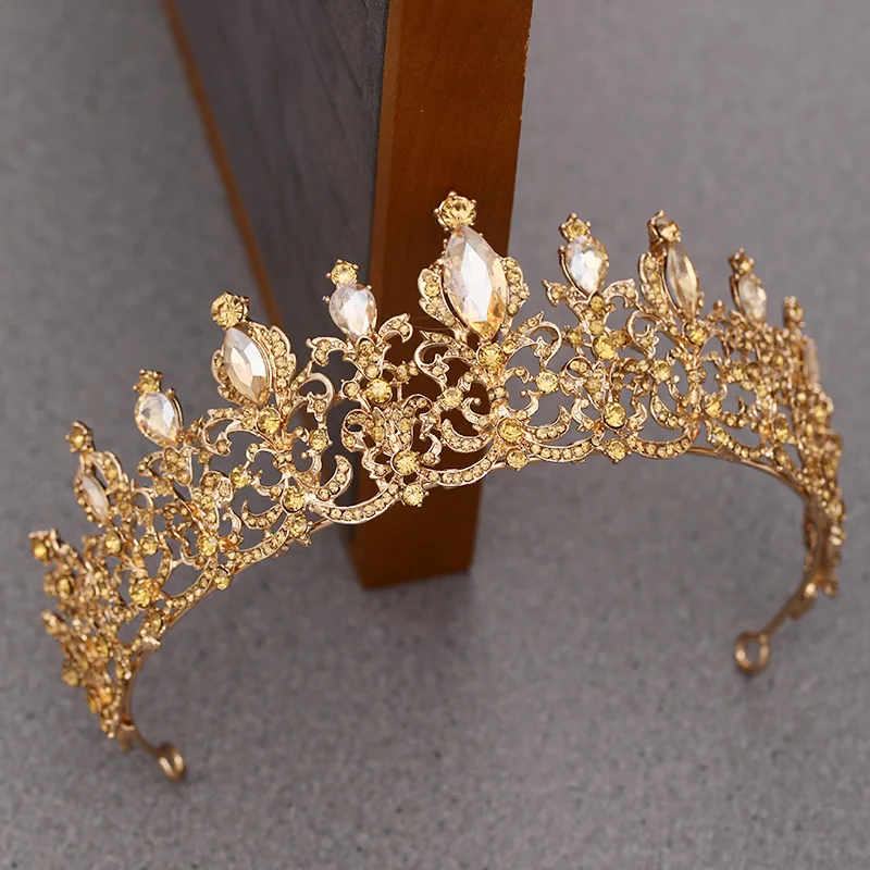 Bridal Tiaras and Crowns Hair Jewelry Champagne Gold Crystal Rhinestone Wedding Accessories Crown Queen Diadem Ornament | Украшения и