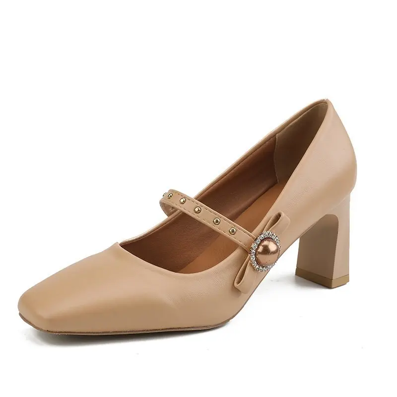

Buckle Mary Jane Shoes Women Chunky High Heel Vintage Lolita Shoes Woman 7cm High Heels Square Toe Nude Women Shoes