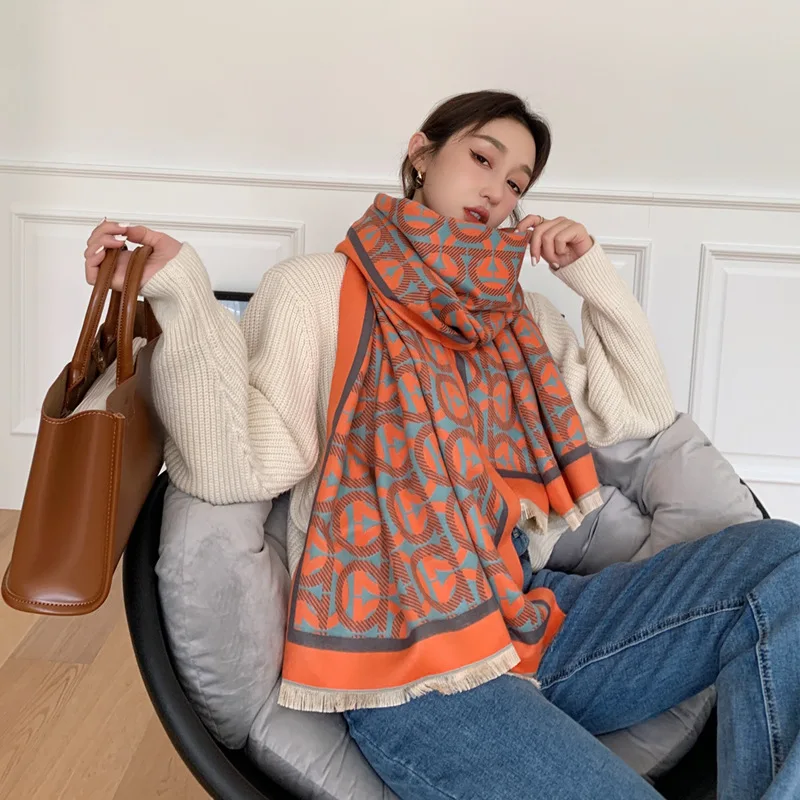 

Новинка 2021, женский зимний двусторонний шарф из искусственного кашемира с геометрическим рисунком, шаль двойного назначения, длинный толст...