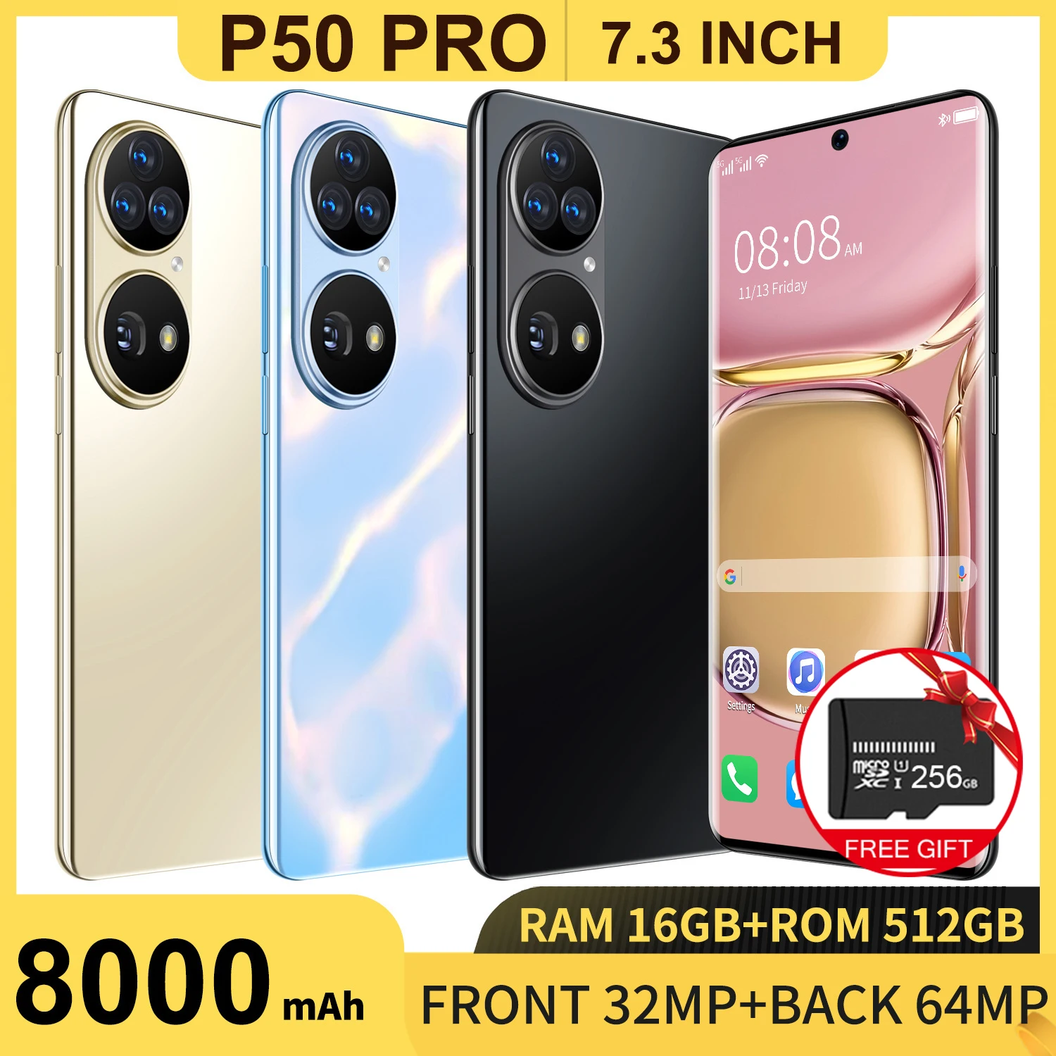 

2021 New Arrival 7.3Inch Large Screen P50 Pro 6800mAh Battery Qualcomm 888 12+512GB Android 10 Face ID 36MP+64MP 10Core Dual SIM