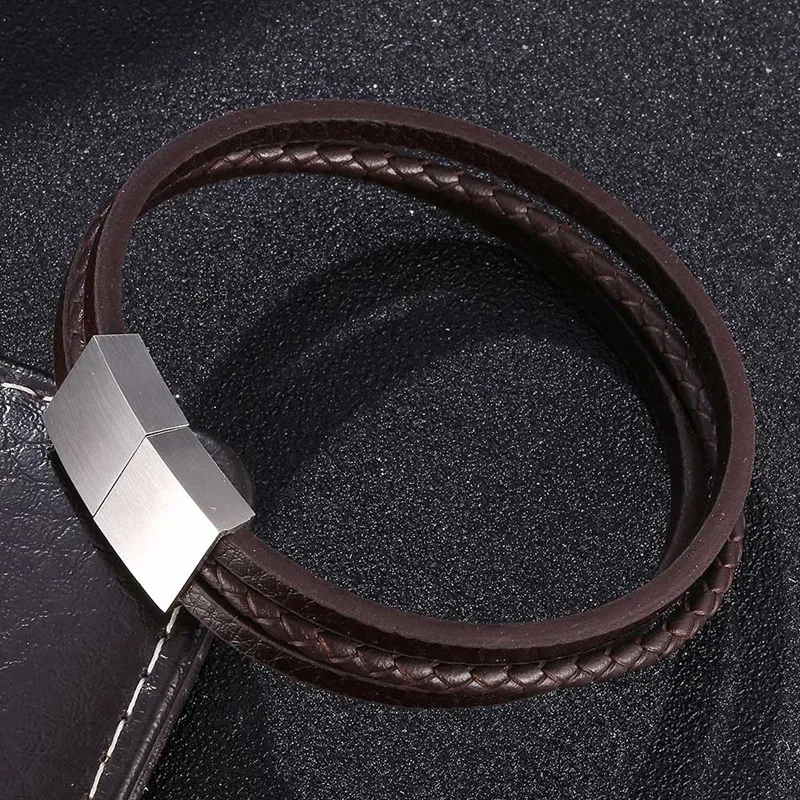 

New Multi-layer Stainless Steel Buckle Brown Leather Bracelet For Men Women Classic Design For Surprise Gift BB1060