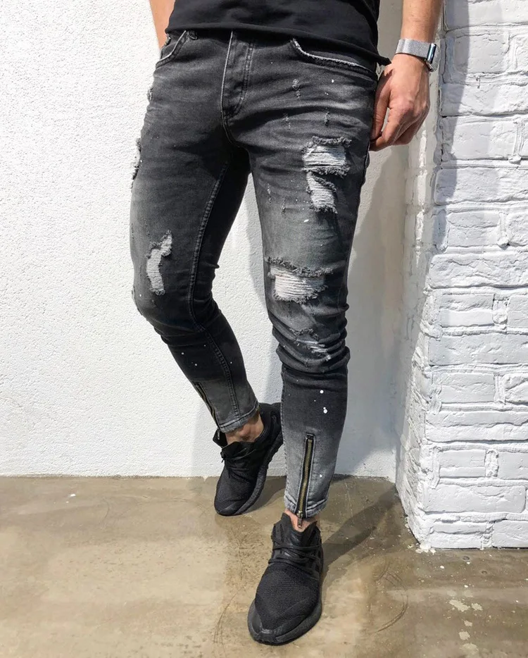 Black Jeans Men Slim Fit Ripped Hole Mid Waist Distressed Jeans Man Fashion Skinny Ankle Zipper Stretch Denim Pants Streetwear